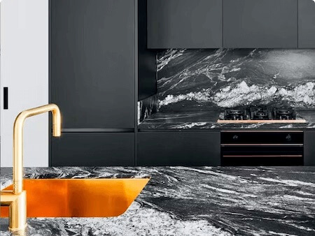 Black and white quartz countertop with orange sink available in Abbotsford