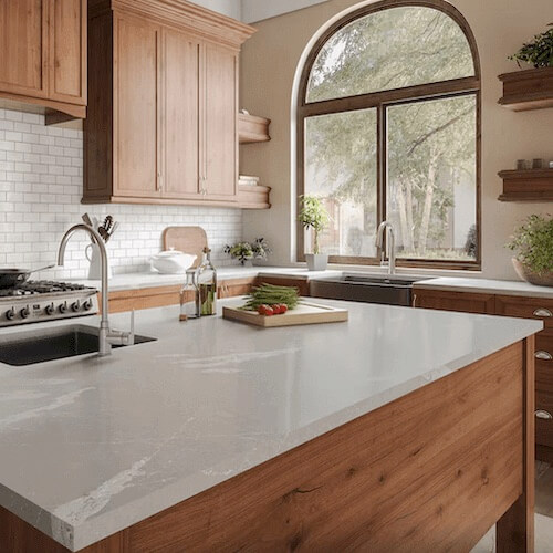 Grey countertop with oak cupboards and side window available in Abbotsford