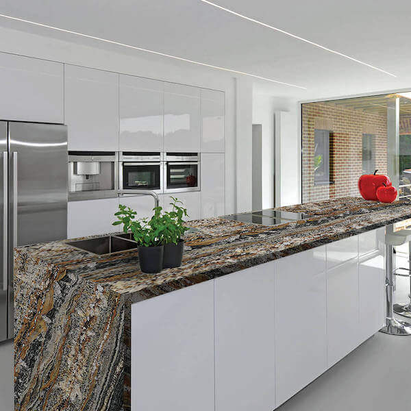 Long colourful marble countertop on island with white sides in white kitchen available in Abbotsford