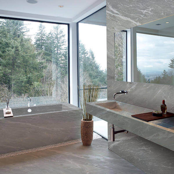 Beautiful grey natural tub double sinks and matching walls available in Abbotsford